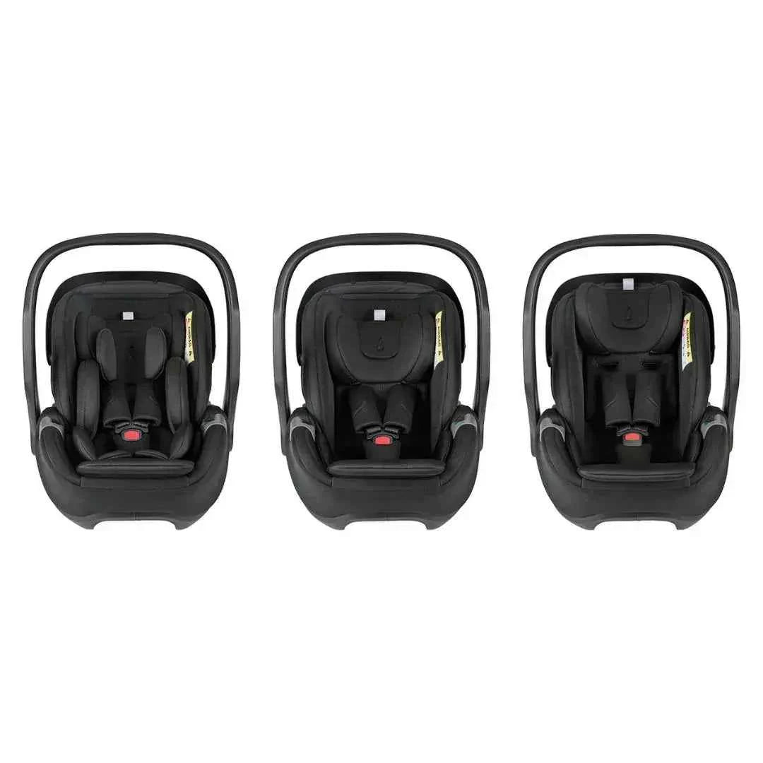 Car seat set shown in three dark positions, with padded shell and red buckle