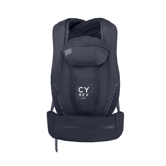 Dark blue baby carrier backpack with mesh panel, front flap, and CY BEX logo