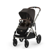 Baby stroller with dark seat, chocolate-brown handle, canopy, silver frame, 4 wheels