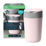 Pink diaper nappy bin with gray lid and handle cutout