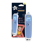 In-ear digital thermometer with blue body and LCD screen in retail packaging