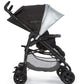 Baby stroller sunshade with insect net, dark frame, raised light canopy (side view)