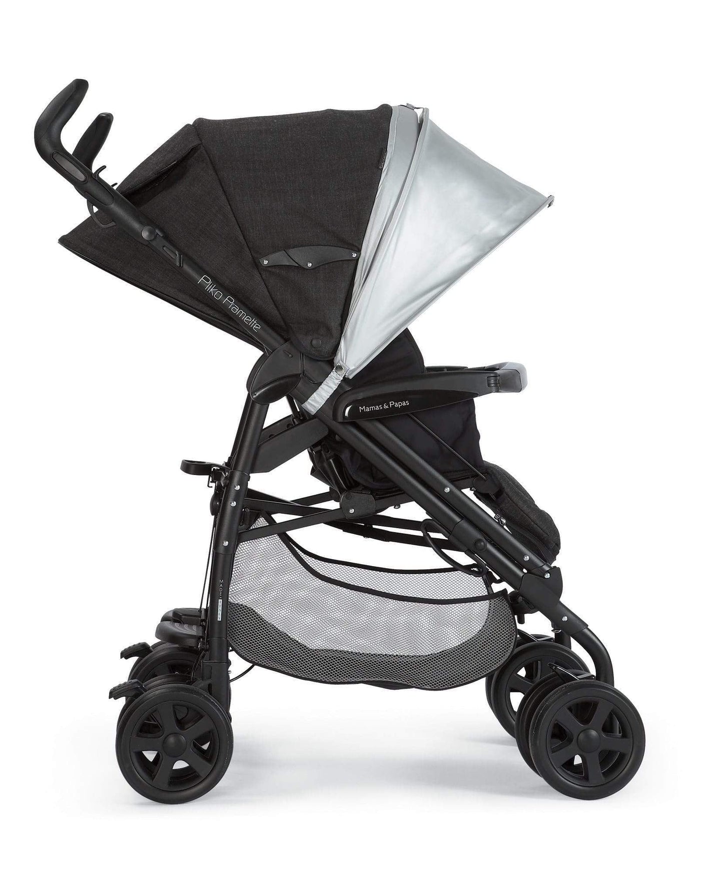 Baby stroller sunshade with insect net, dark frame, raised light canopy (side view)