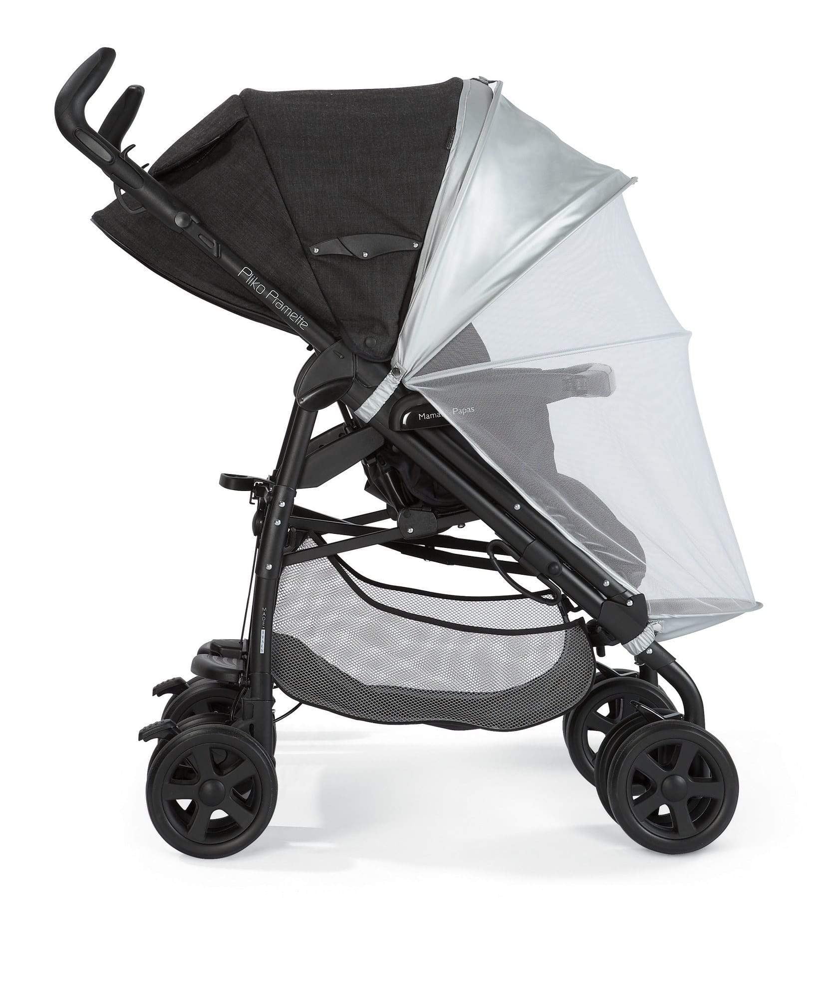 Baby stroller sunshade with insect net, dark frame, light canopy with mesh panel