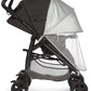 Baby stroller sunshade with insect net, dark frame, light canopy (side view)