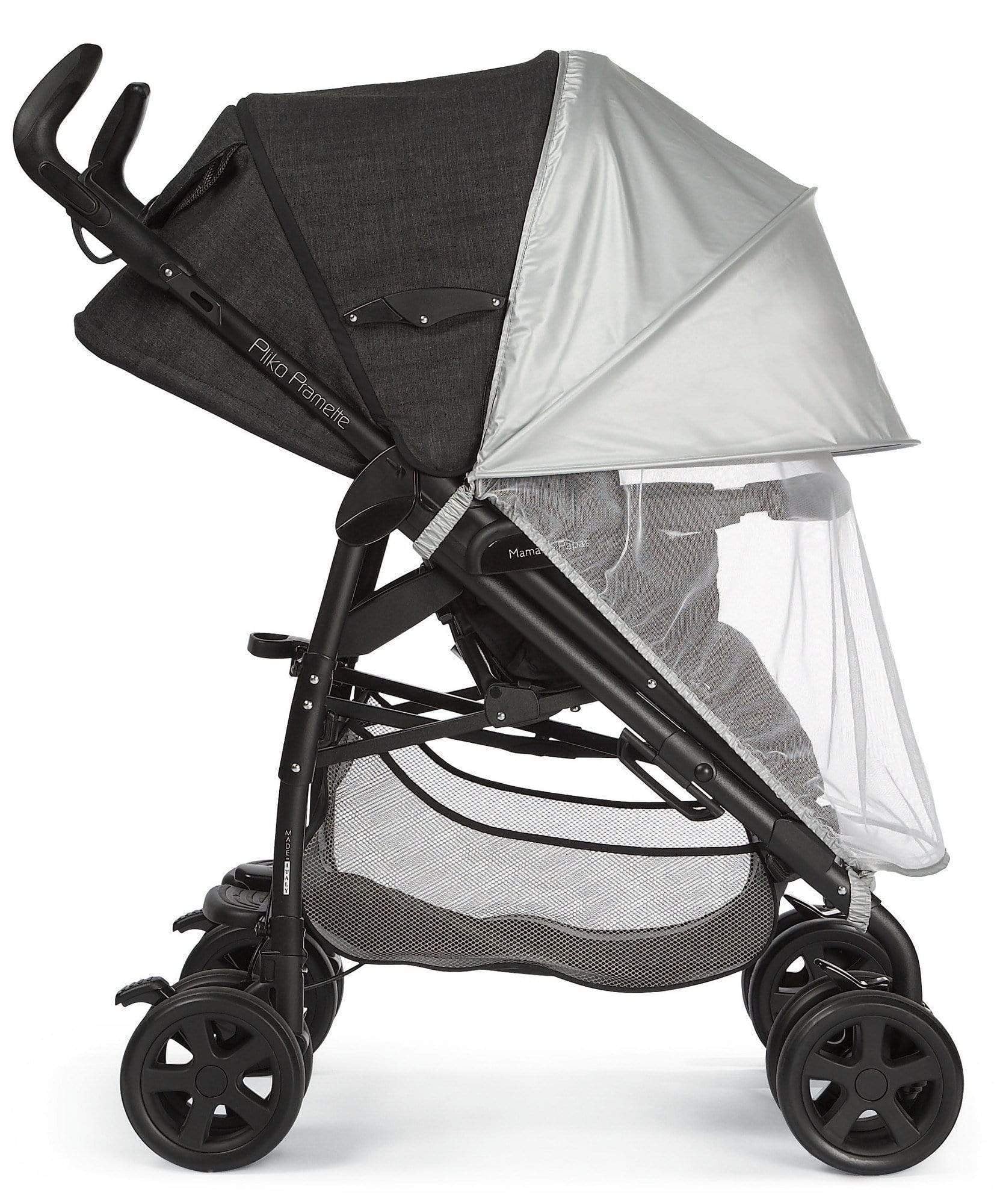 Baby stroller sunshade with insect net, dark frame, light canopy (side view)