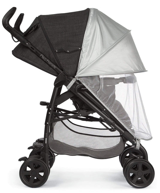 Baby stroller sunshade with insect net, dark frame, light canopy (side view)