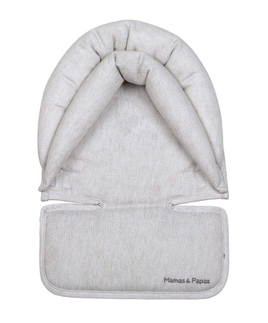 Adjustable head hugger travel accessory in light gray fabric with strap tabs