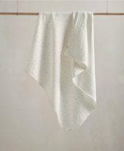 Muslin baby blanket, white with small dot pattern and stitched border