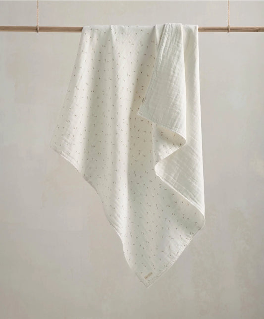 Muslin baby blanket, white with small dot pattern and stitched border