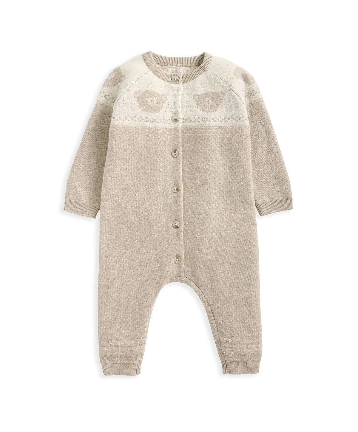 Light beige knitted romper with button placket and teddy bear face stripe