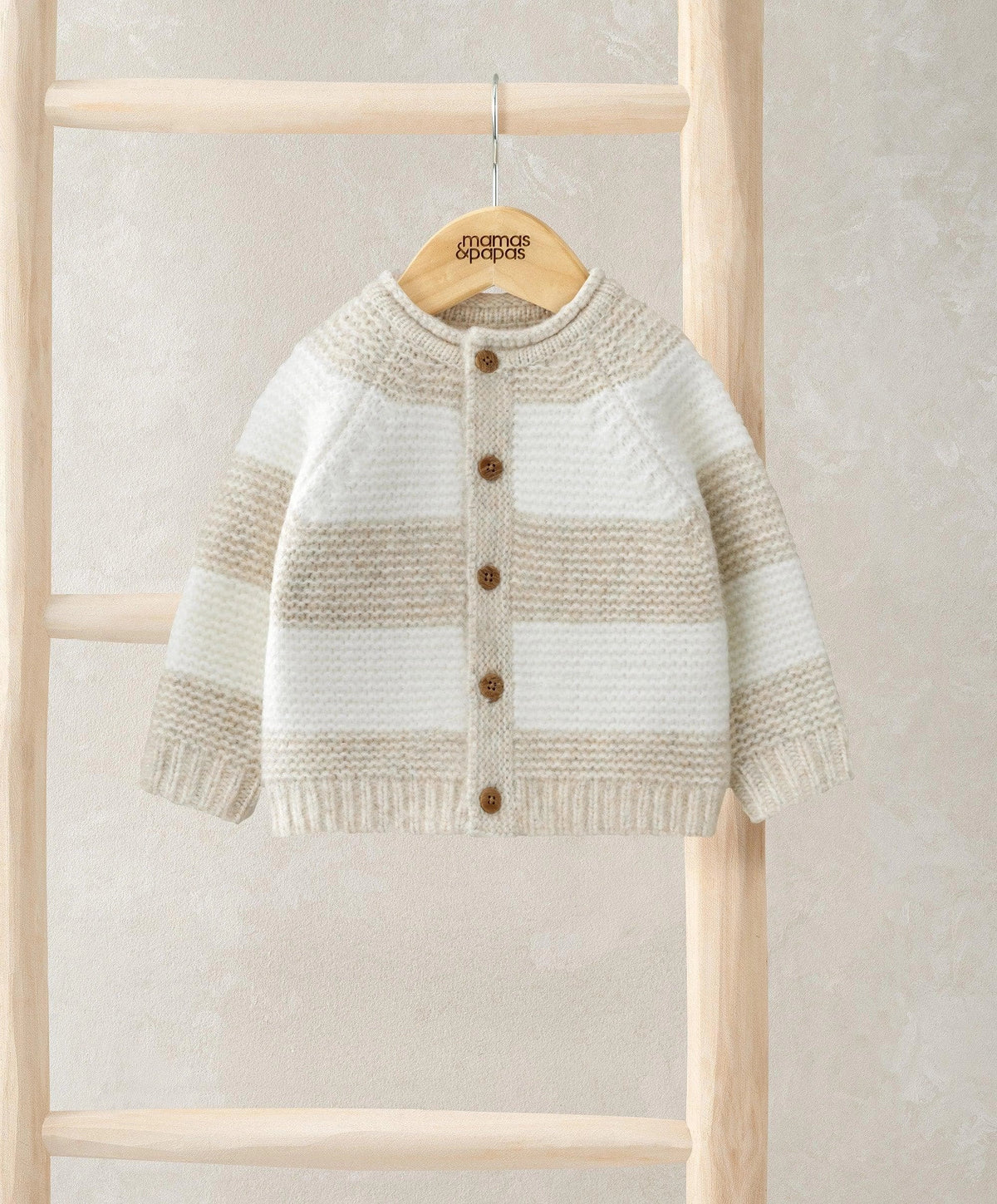 Cream striped knit cardigan with wooden-look button front and ribbed cuffs