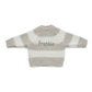 Cream striped knit sweater with ribbed hem and "Frankie" print
