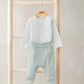 Baby bodysuit and pants set: white long-sleeve bodysuit with snaps, light mint pants