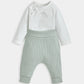 Baby bodysuit and light mint pants set, white top with button placket and ribbed cuffs