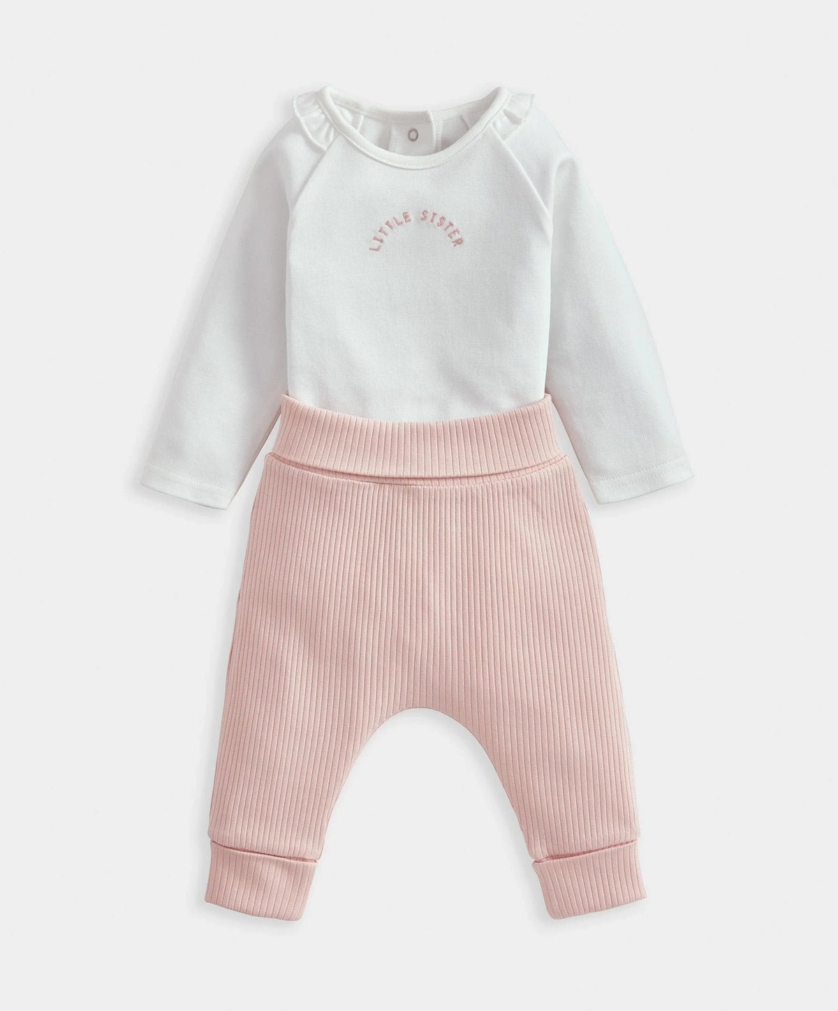 White bodysuit top with pink striped leggings and elastic cuffed ankles
