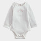 White long-sleeve baby bodysuit with snap buttons and small chest logo