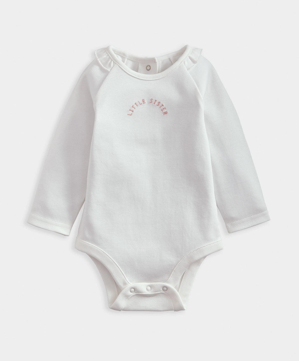 White long-sleeve baby bodysuit with snap buttons and small chest logo