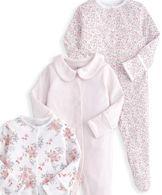 Long Sleeve Sleepsuits (Pack of 3) - Watercolour & Ditsy Floral