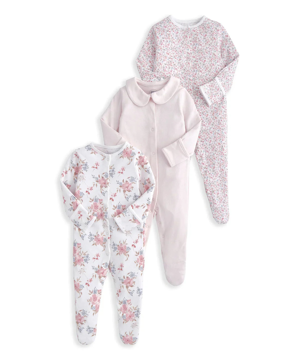 Long Sleeve Sleepsuits (Pack of 3) - Watercolour & Ditsy Floral