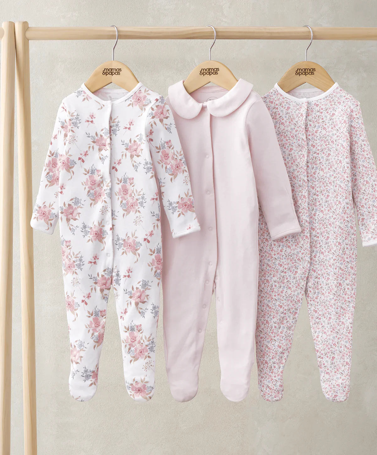Mamas & Papas Long Sleeve Sleepsuits (Pack of 3) - Watercolour & Ditsy Floral Sleepsuit
