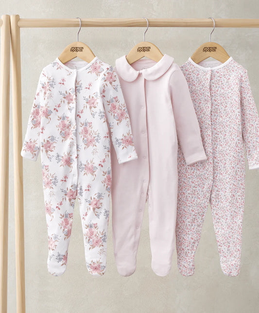 Mamas & Papas Long Sleeve Sleepsuits (Pack of 3) - Watercolour & Ditsy Floral Sleepsuit