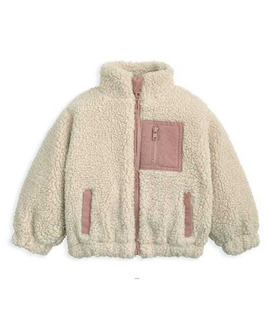 Funnel Neck Borg Jacket with Chest Pocket - Cream