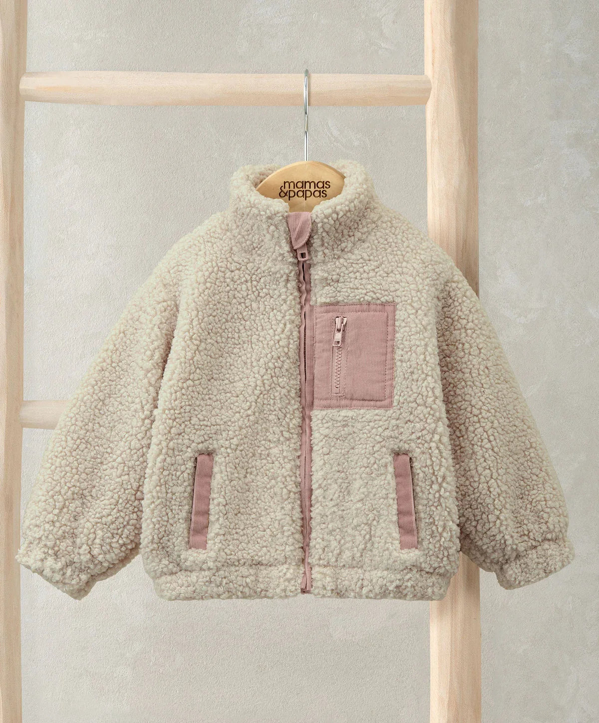 Mamas & Papas Funnel Neck Borg Jacket with Chest Pocket - Cream Jacket