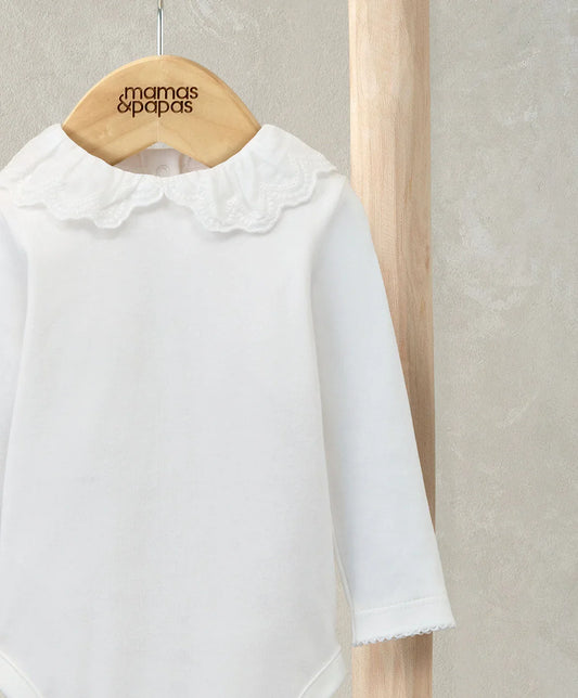 Embroidered Peter Pan Collar Bodysuit - White