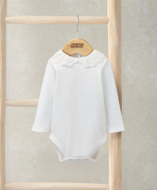 Mamas & Papas Embroidered Peter Pan Collar Bodysuit - White Bodysuit