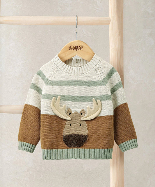Mamas & Papas Moose Character Knit Jumper with 3D Antlers - Brown Jumper