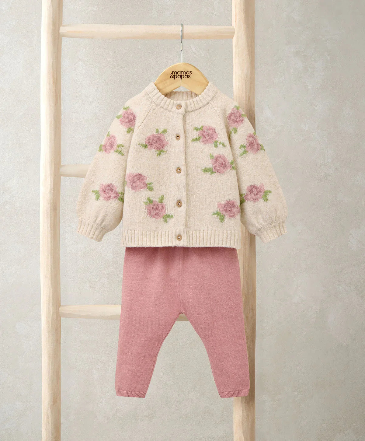 Mamas & Papas Jacquard Knit Cardigan & Leggings Set (2 Pieces) - Pink Knit Set