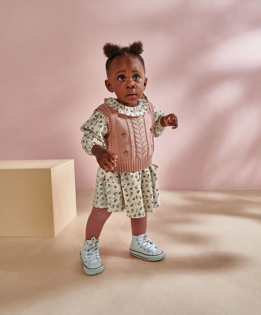Floral Frill Collar Dress & Embroidered Knit Vest Set (2 Pieces)