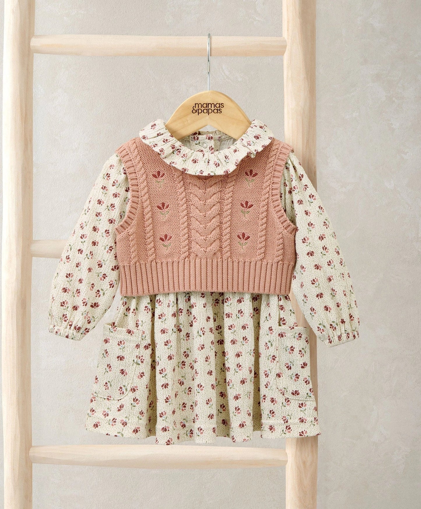 Mamas & Papas Floral Frill Collar Dress & Embroidered Knit Vest Set (2 Pieces) Dress