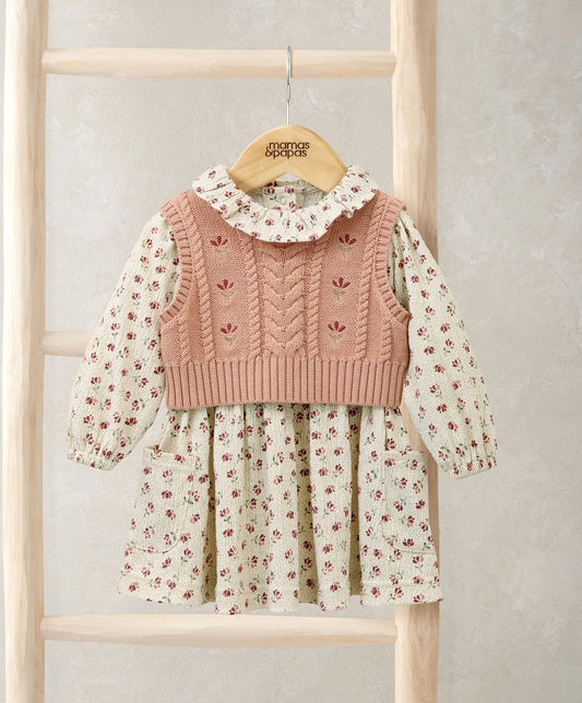 Mamas & Papas Floral Frill Collar Dress & Embroidered Knit Vest Set (2 Pieces) Dress