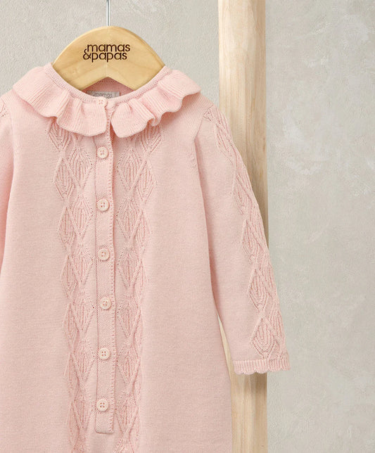 Diamond Stitch Knitted Romper with Frill Collar - Pink