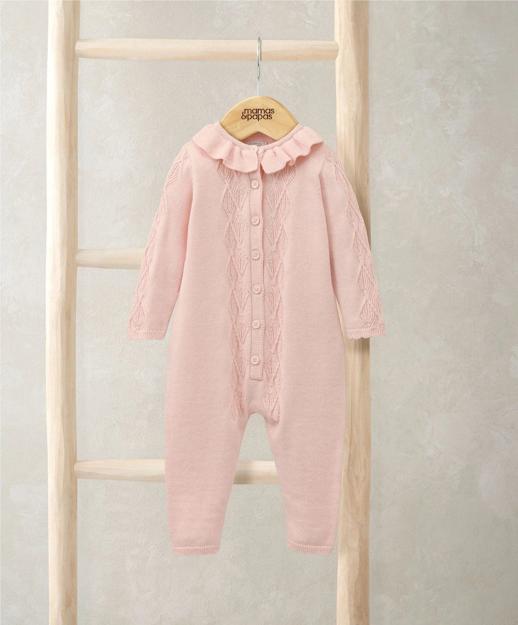 Mamas & Papas Diamond Stitch Knitted Romper with Frill Collar - Pink Romper