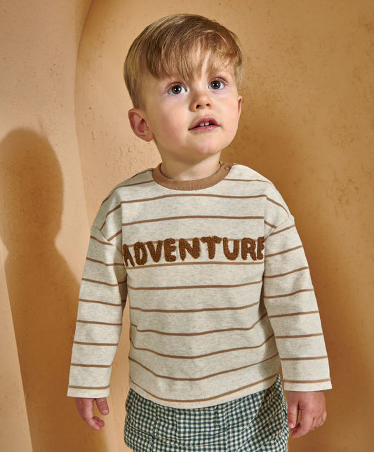 Striped T-Shirt with Boucle Adventure Detail - Cream