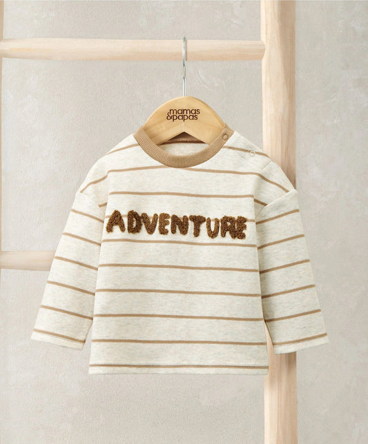 Mamas & Papas Striped T-Shirt with Boucle Adventure Detail - Cream T-shirt