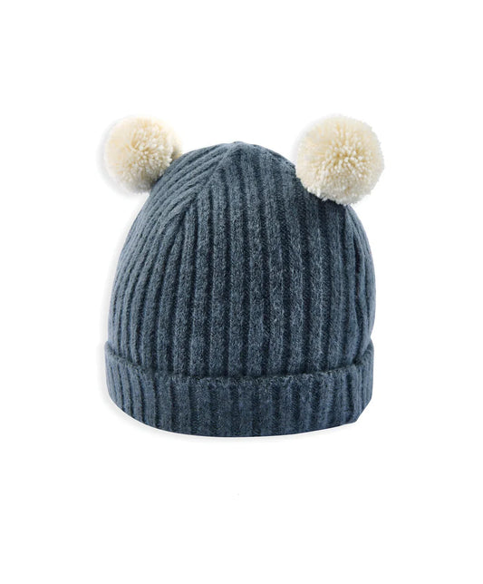Rib Knit Hat with Pom Poms - Blue