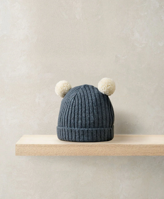 Mamas & Papas Rib Knit Hat with Pom Poms - Blue Beanie