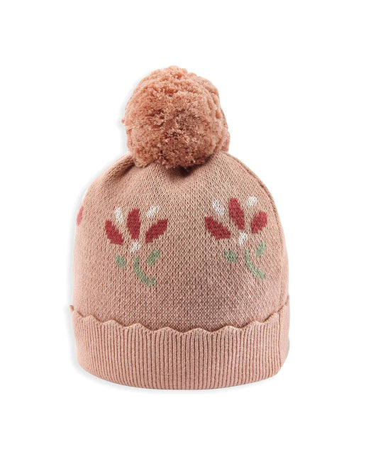 Jacquard Floral Knit Hat & Pom Pom