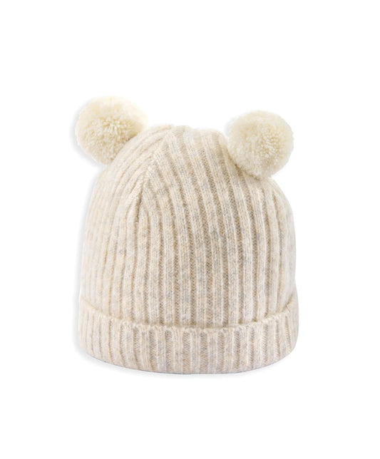 Rib Knit Hat with Pom Poms - Oatmeal