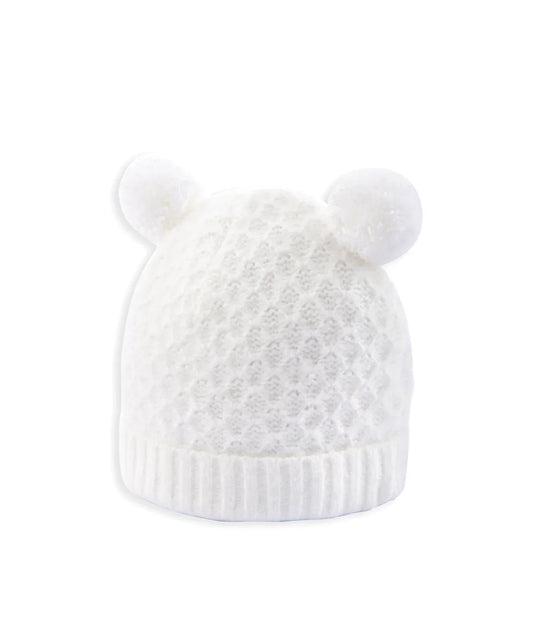 Rib Knit Hat & Pom Poms - White