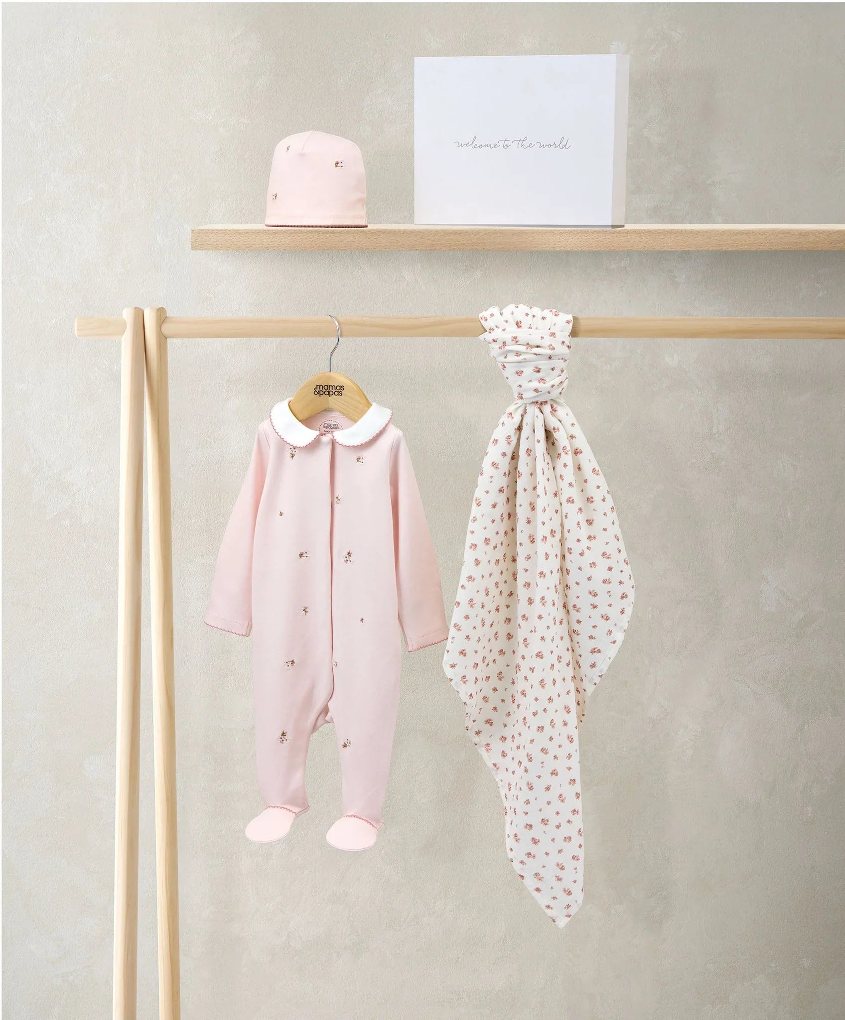 Mamas & Papas Embroidered Romper Hat & Blanket Set (3 Pieces) - Pink Welcome To the World Bodysuit