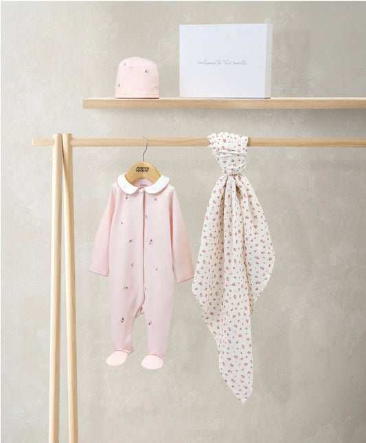 Mamas & Papas Embroidered Romper Hat & Blanket Set (3 Pieces) - Pink Welcome To the World Bodysuit