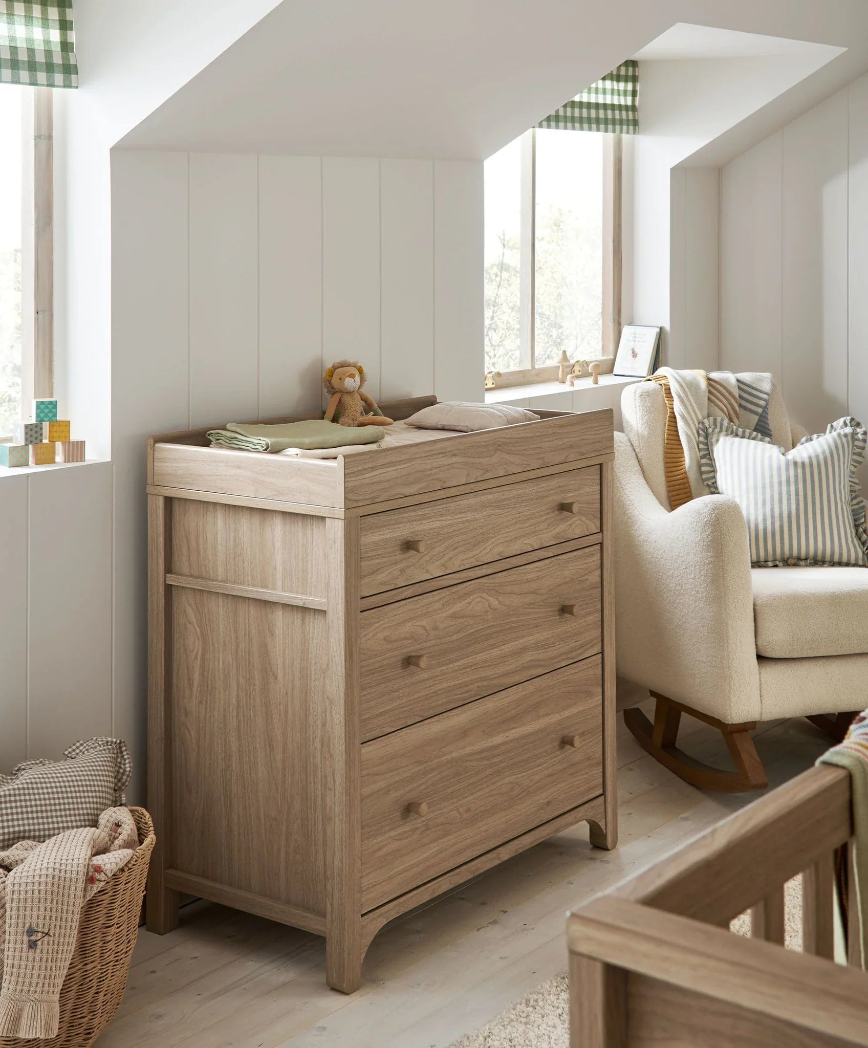 Oak dresser changer with three front drawers and raised changing top ledge