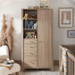 Oak-finish wardrobe with open shelves, hanging space, and three lower drawers