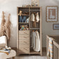 Oak-finish wardrobe with hanging rail, open shelves, and three drawers