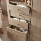 Oak-finish wardrobe with three pull-out drawers and round wooden knobs